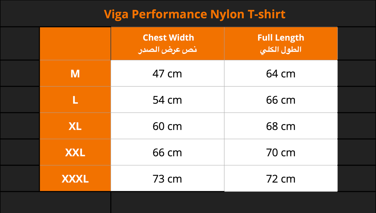 Viga Performance Nylon T-shirt size chart