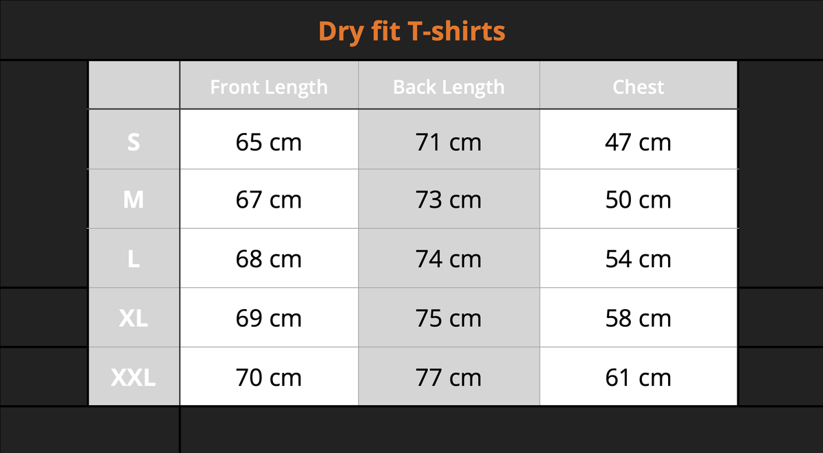 Printed Sleeve T-Shirt size chart