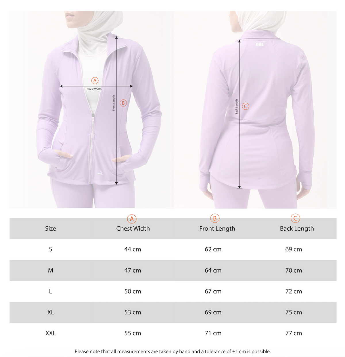 Doe ToneTwo Jacket size chart