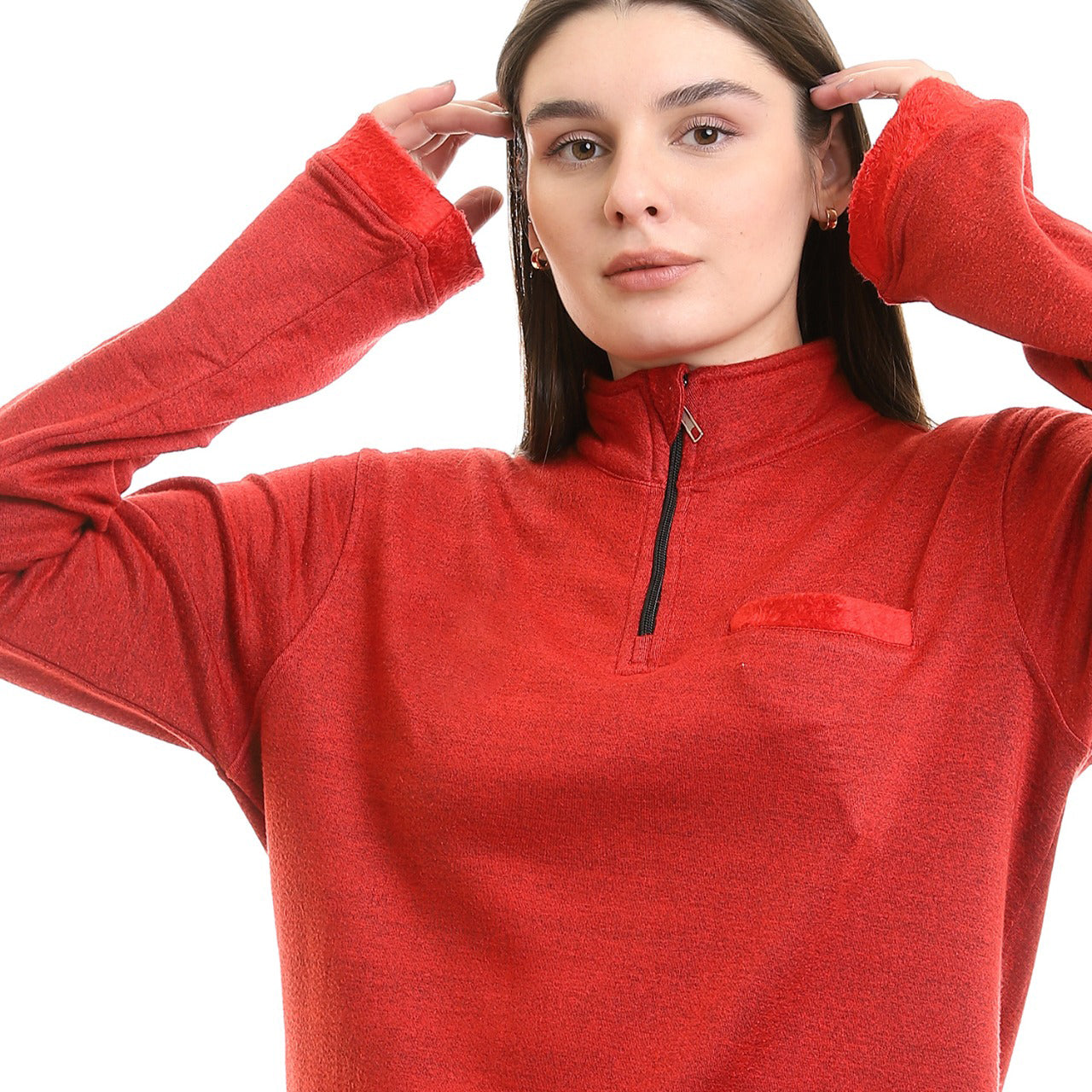 Women Winter Quarter zipper shirt red