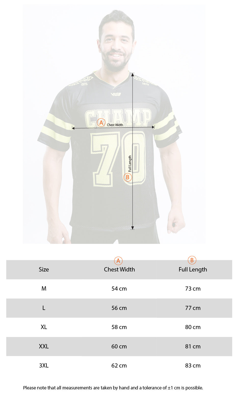 Viga American Football T-shirt size chart