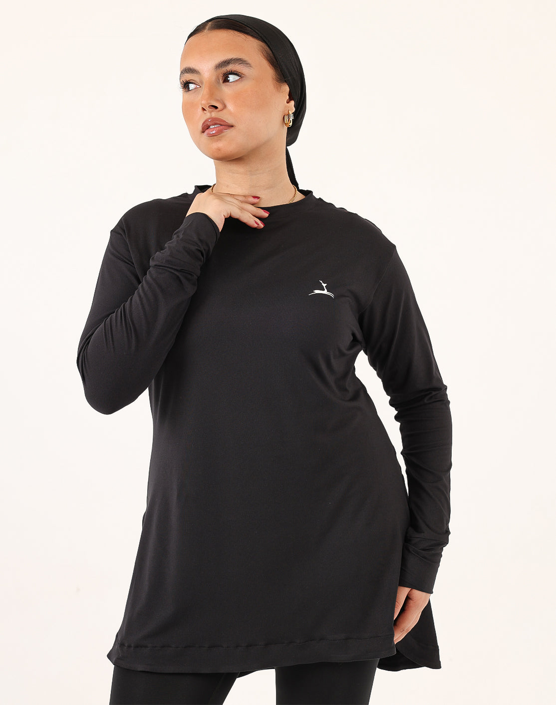Black Doe Modest Flow Top — women's modest training top, front view