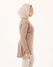 Brown Doe Modest Flow Top — women's relaxed-fit modest training top, front view