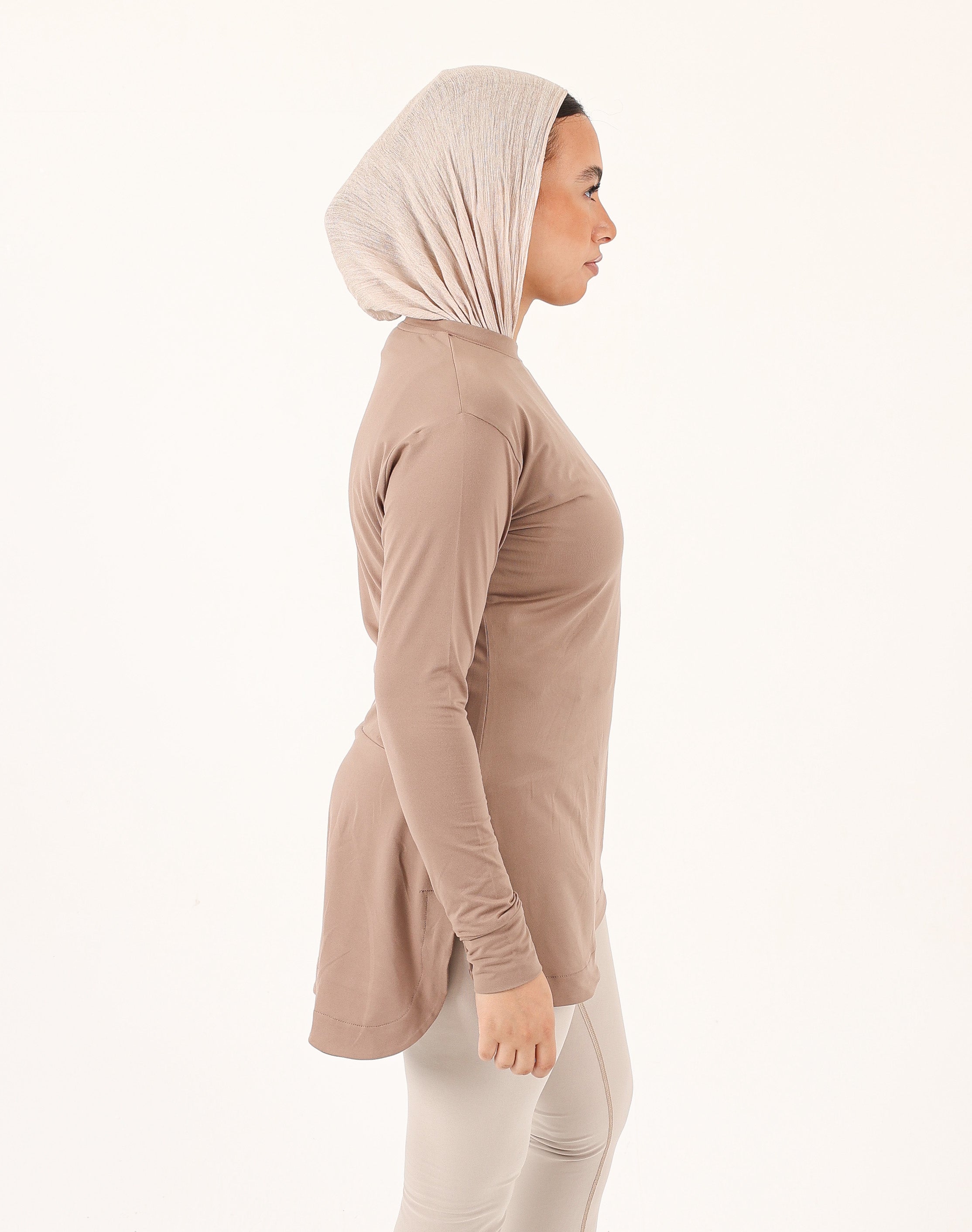 Brown Doe Modest Flow Top — women's relaxed-fit modest training top, front view
