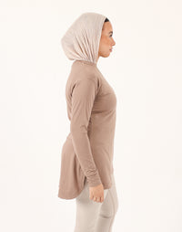 Brown Doe Modest Flow Top — women's relaxed-fit modest training top, front view
