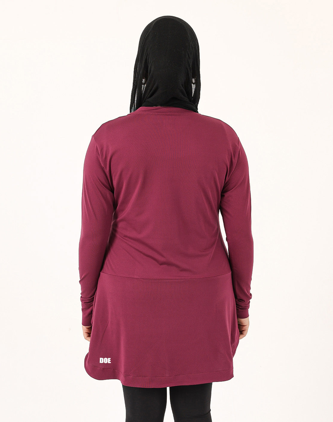 Burgundy Doe Modest Flow Top showing full back coverage