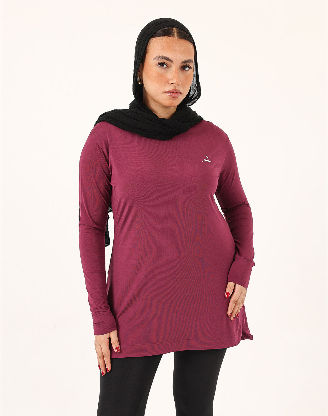 Burgundy Doe Modest Flow Top — women's modest training top, front view