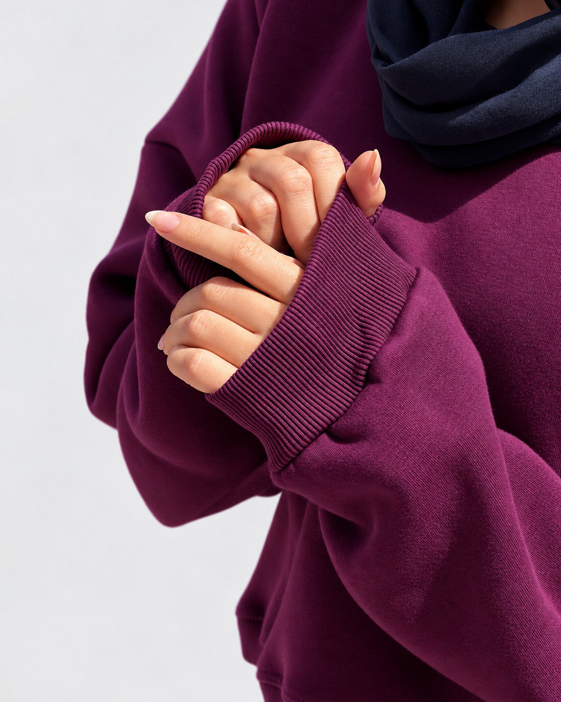 Close-up of inner fleece lining on burgundy Doe Everyday Set