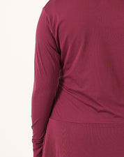 Close-up back detail of burgundy Doe Modest Flow Top