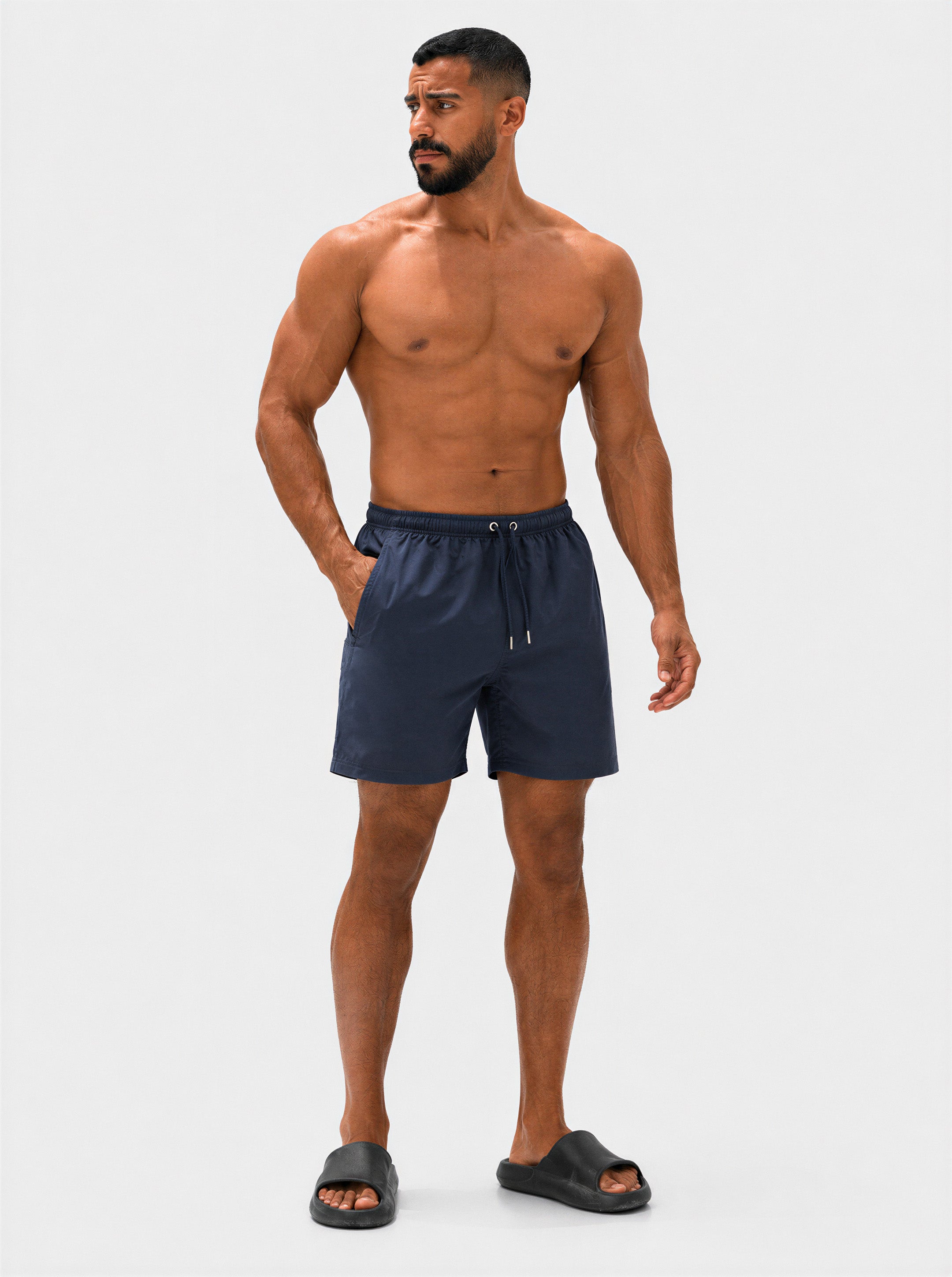 Navy blue Viga solid swimming shorts — side view