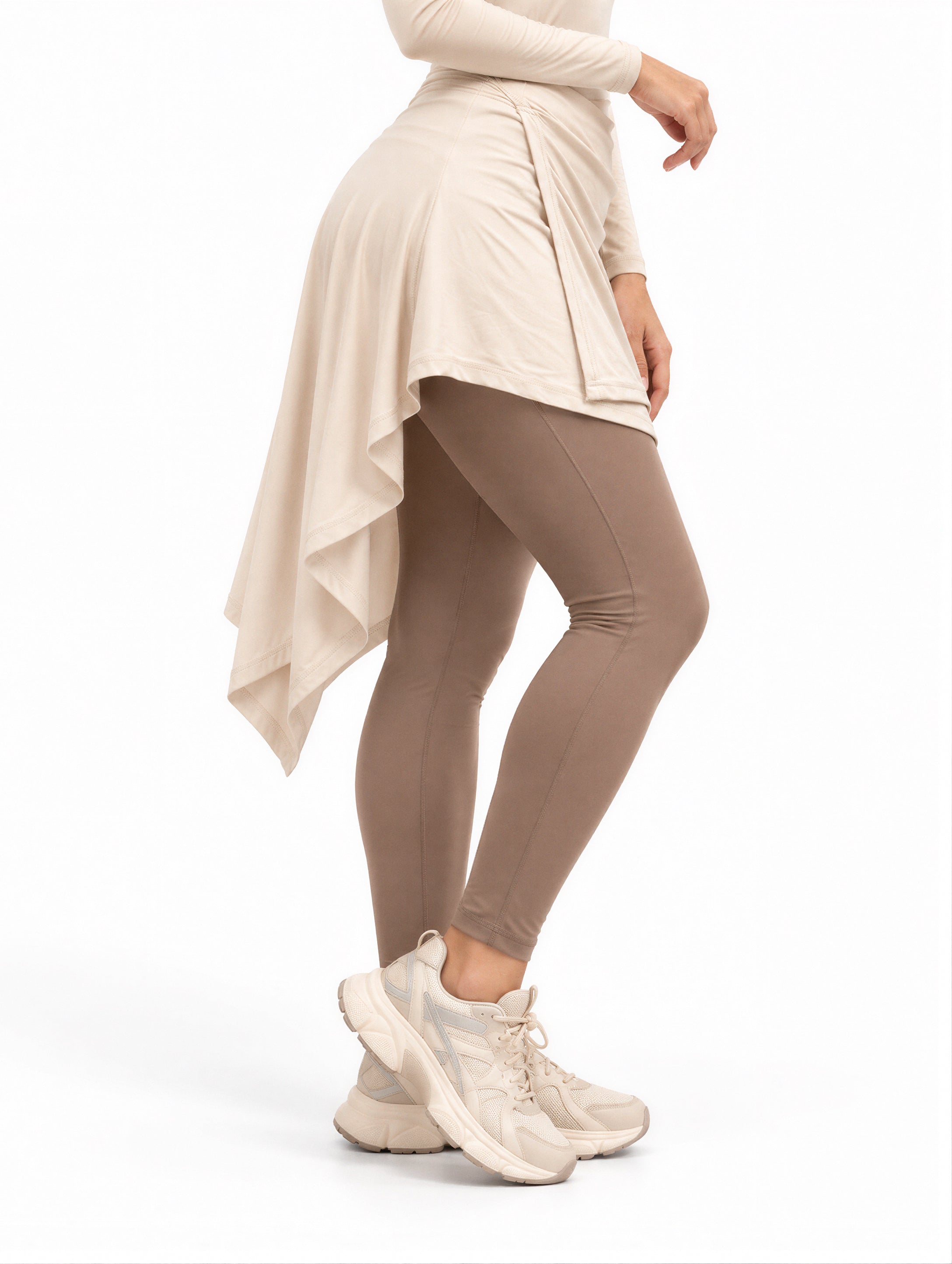 Doe Side Wrap Up Skirt — modest dry-fit gym cover-up skirt worn over leggings