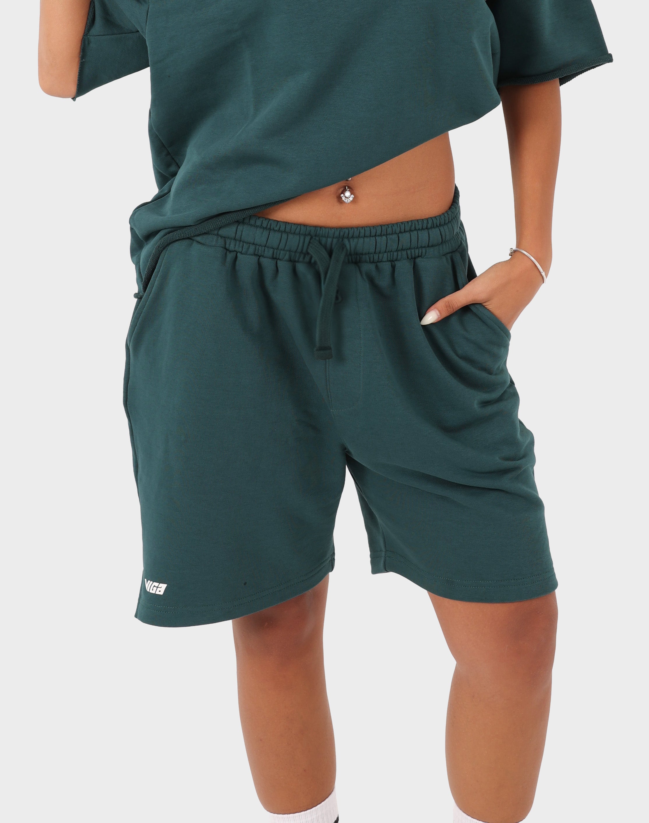 Teal green Viga shorts — front view with drawstring waist